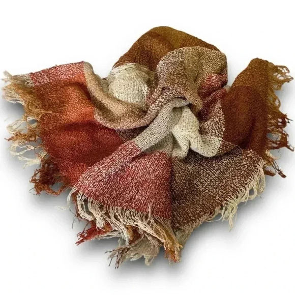 Baar and Beards Japan Knit Scarf Shawl Wrap Warm Plaid Bouclé Loom Fringe Vtg - Picture 1 of 5